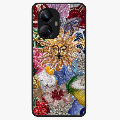 Celestial Floral and Playful Glass Case showing flat back view with floral and celestial themed artwork and glossy glass finish.
