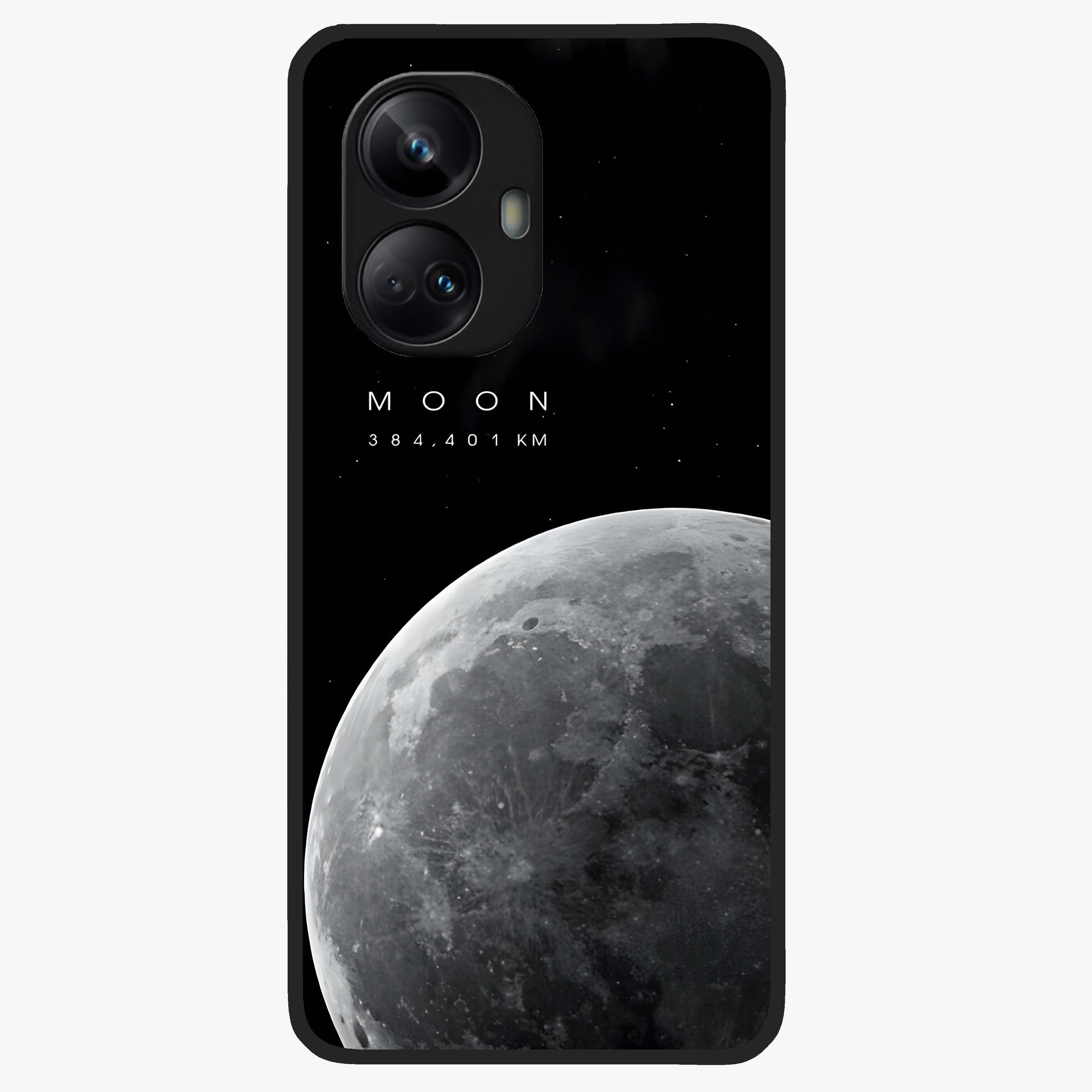 Cosmic Moon Glow Glass Case showing flat back view with glowing moon artwork and glossy glass finish.