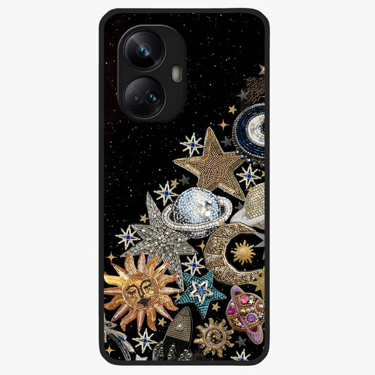Cosmic Sparkle Dreams Glass Case showing flat back view with sparkling cosmic artwork and glossy glass finish.
