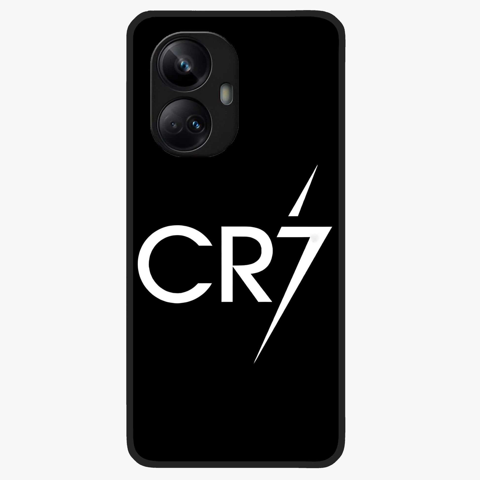 Cr7 Elite Strike Glass Case showing flat back view with dynamic football inspired artwork and glossy glass finish.