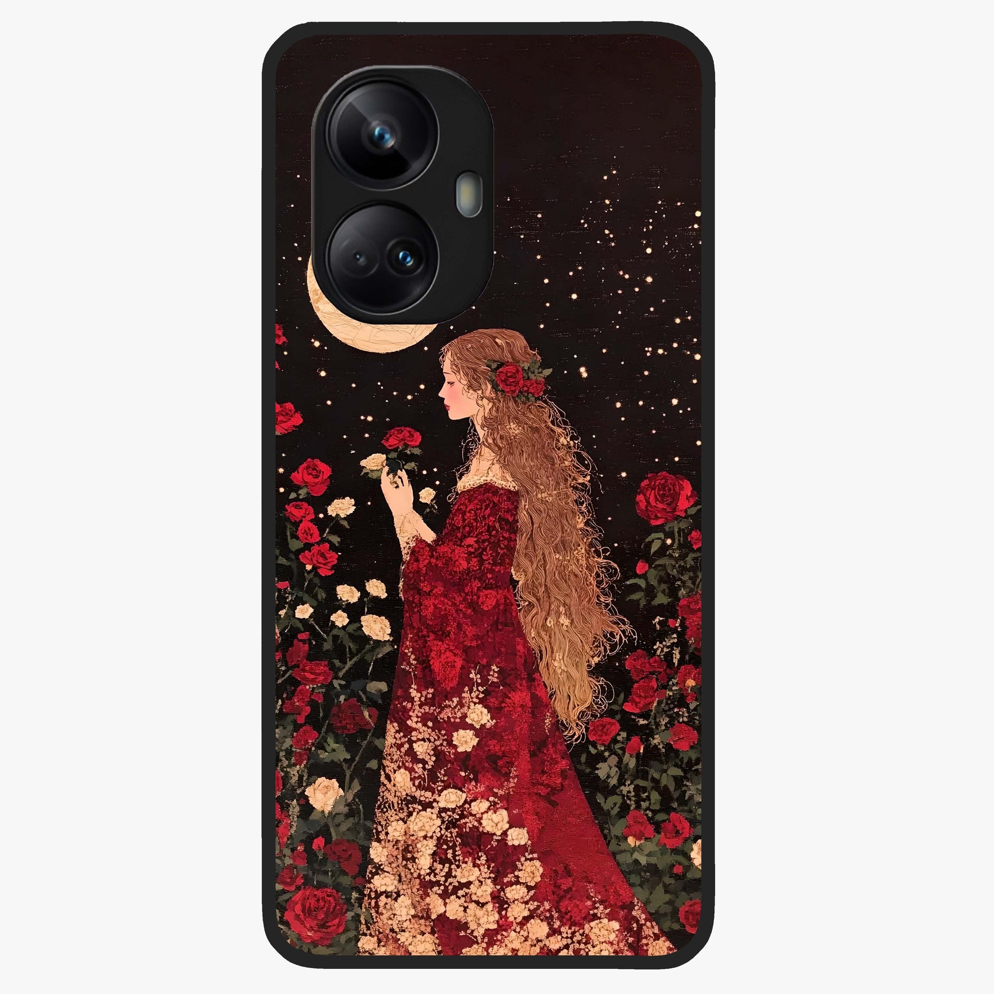 Crimson Dreams Glass Case showing flat back view with dreamy crimson artwork and glossy glass finish.