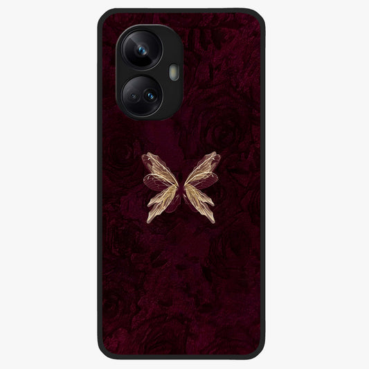 Crimson Fade Butterfly Glass Case showing flat back view with fading butterfly artwork and glossy glass finish.