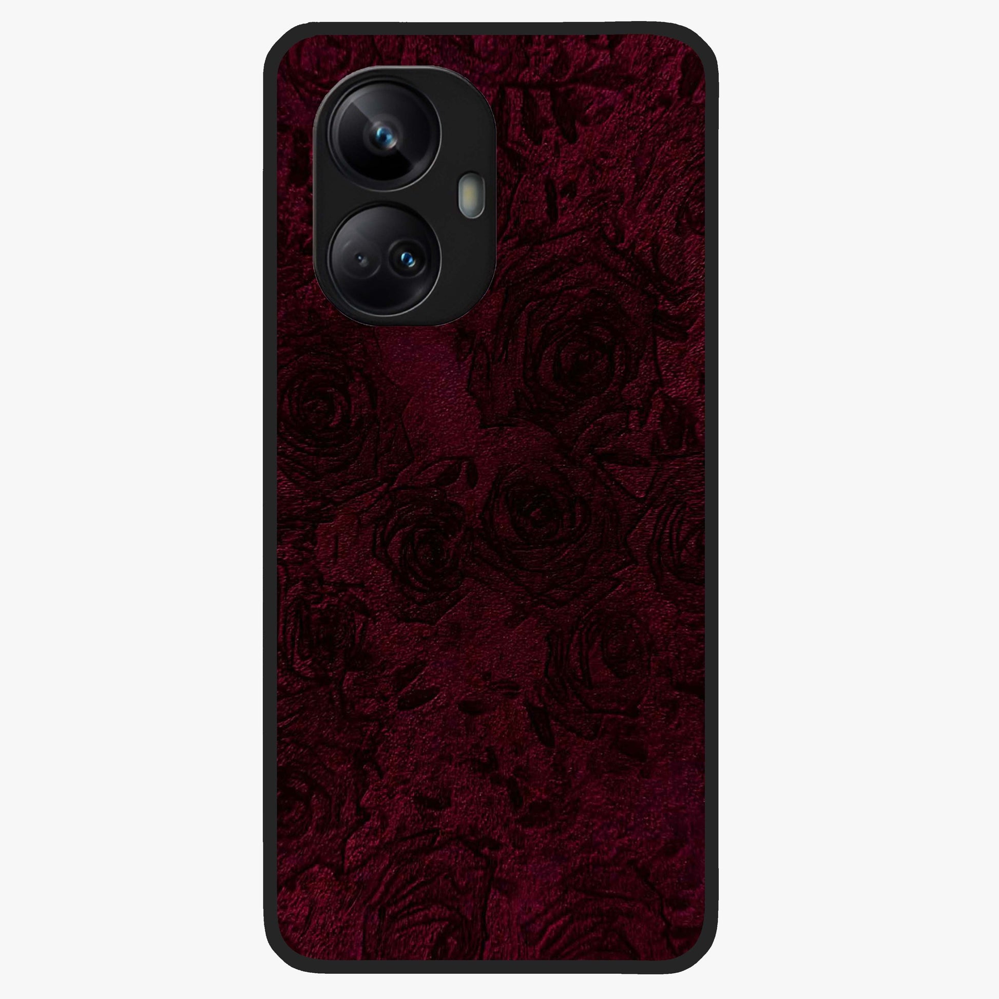 Crimson Fade Flow Glass Case showing flat back view with flowing crimson gradient artwork and glossy glass finish.