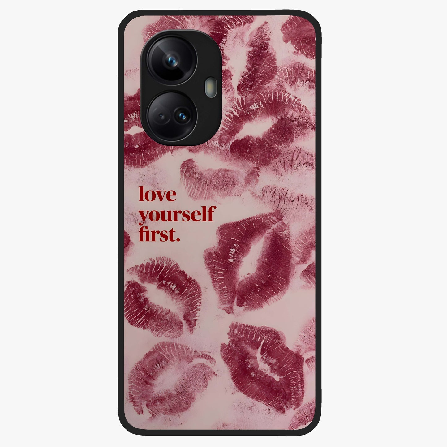 Crimson Kiss Love Glass Case showing flat back view with romantic crimson themed artwork and glossy glass finish.