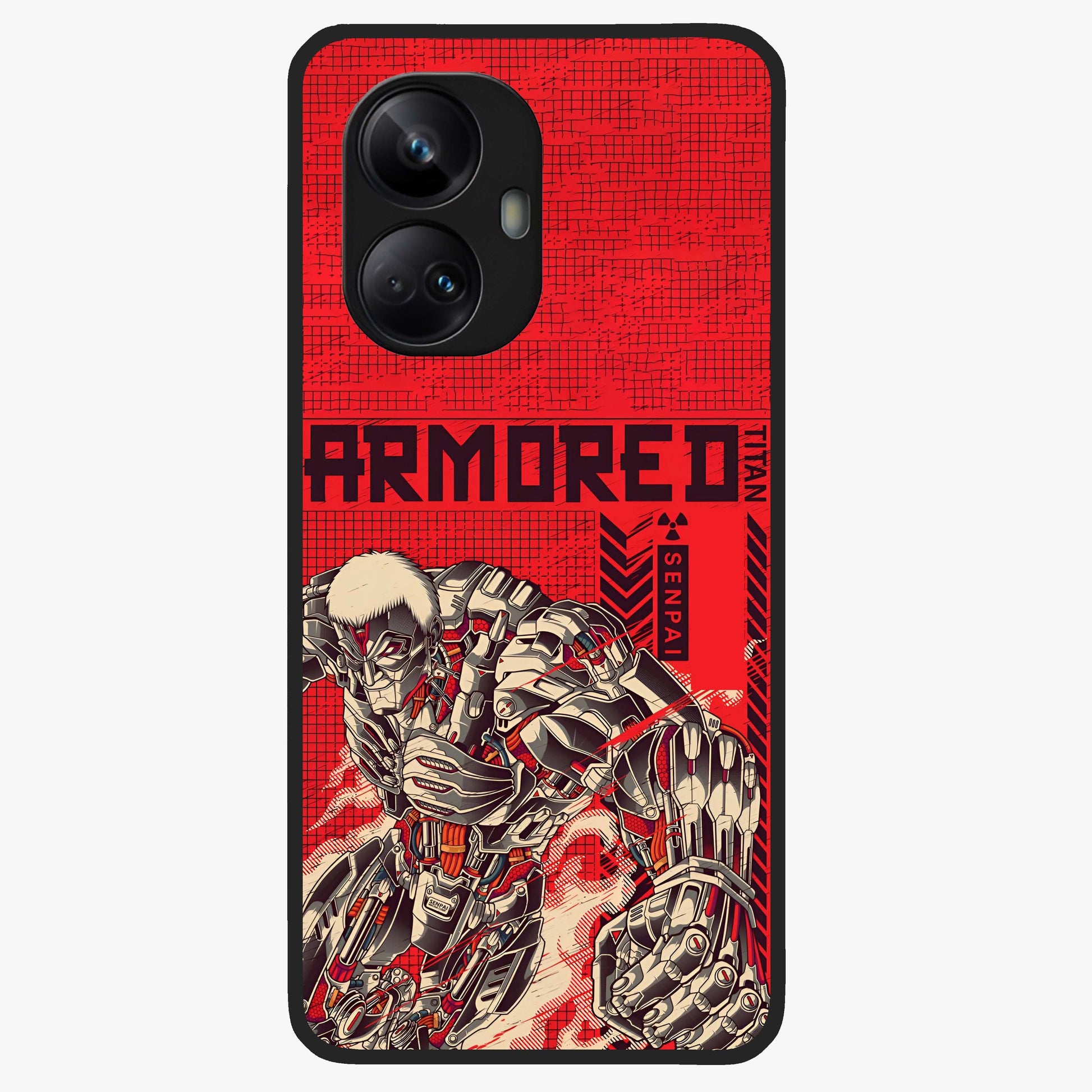 Crimson Mecha Titan Glass Case showing flat back view with powerful mech titan artwork and glossy glass finish.