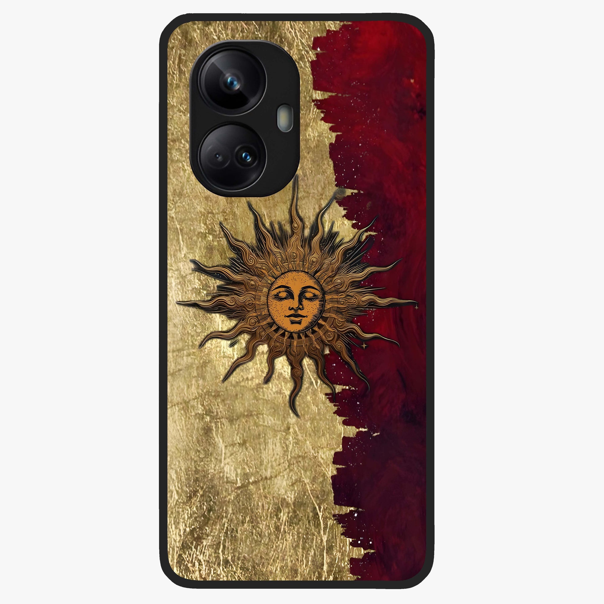 Crimson Sun Majesty Glass Case showing flat back view with radiant sun inspired artwork and glossy glass finish.