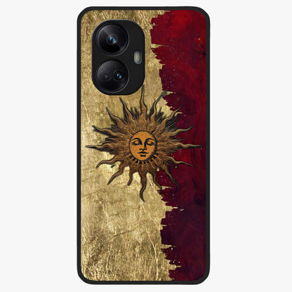 Crimson Sun Majesty Glass Case showing flat back view with radiant sun inspired artwork and glossy glass finish.