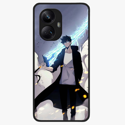 Dark Lightning Anime Warrior Glass Case showing flat back view with intense anime warrior artwork and glossy glass finish.