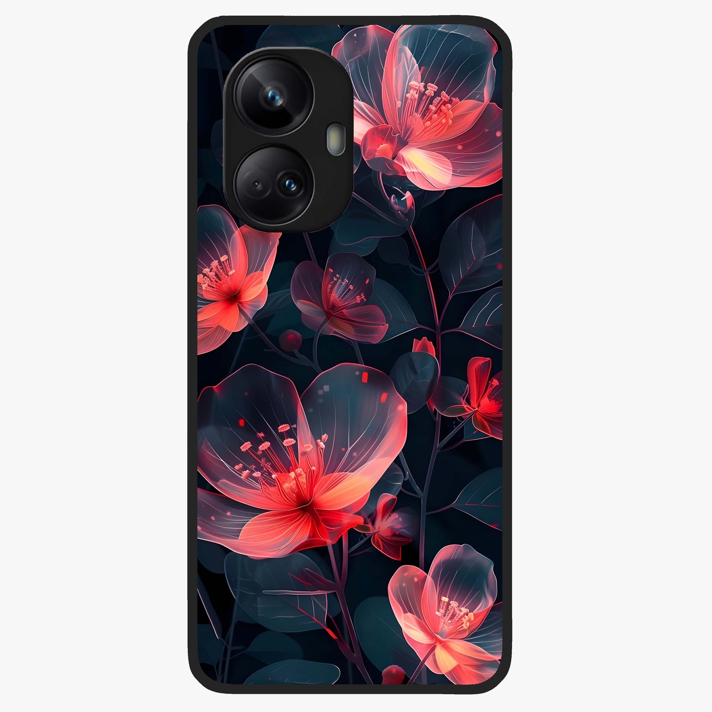 Dark Shade of Flower Glass Case showing flat back view with elegant dark floral artwork and glossy glass finish.
