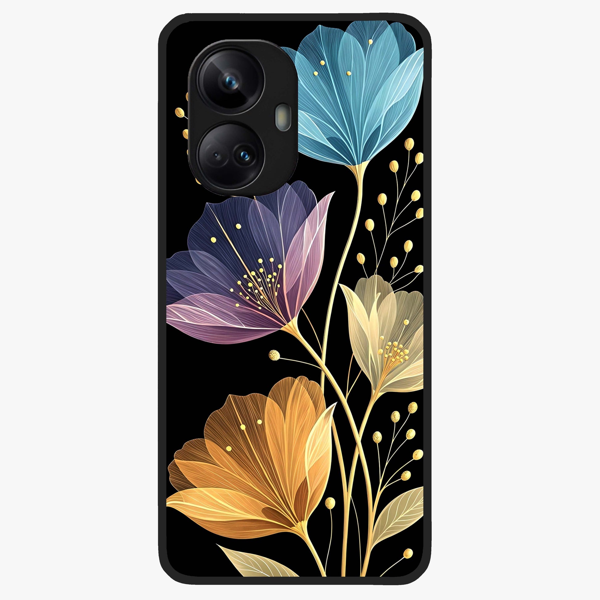Delicate Multicolor Flowers Glass Case showing flat back view with vibrant floral artwork and glossy glass finish.