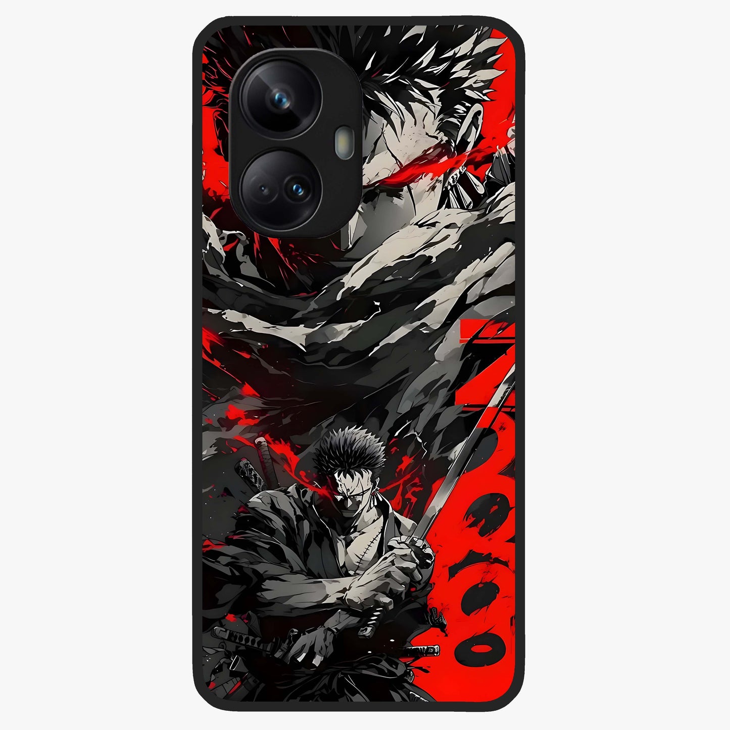 Demon Sword Resolve Glass Case showing flat back view with fierce sword warrior artwork and glossy glass finish.