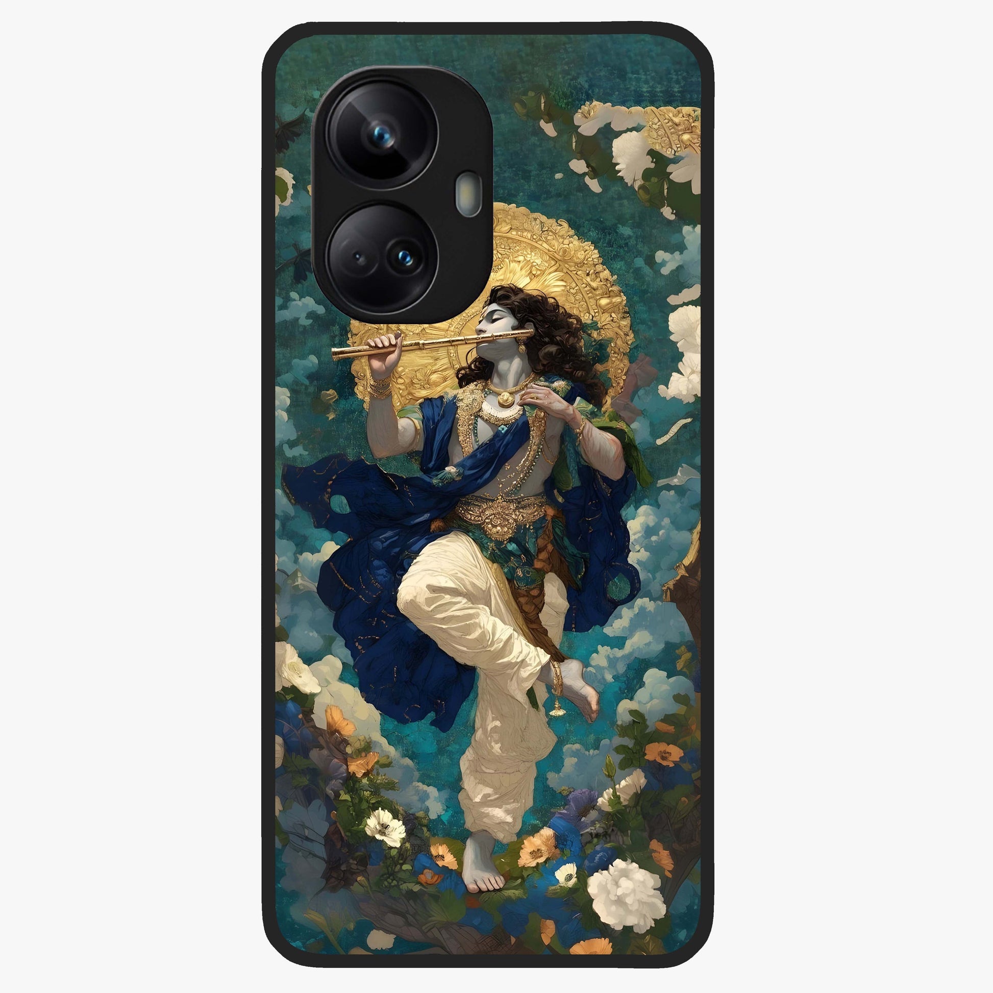 Divine Krishna Art Glass Case showing flat back view with Lord Krishna artwork and glossy glass finish.