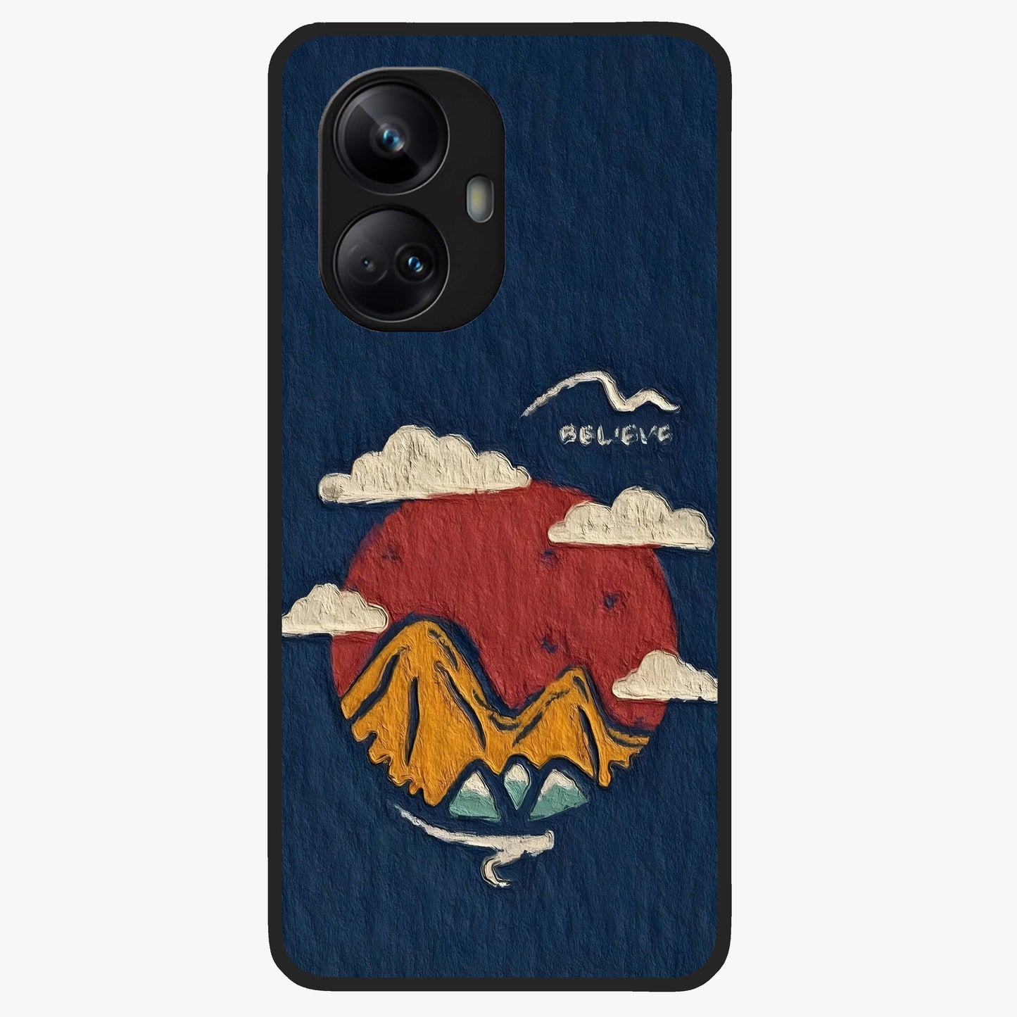 Dream Beyond Mountains Glass Case showing flat back view with scenic mountain landscape artwork and glossy glass finish.