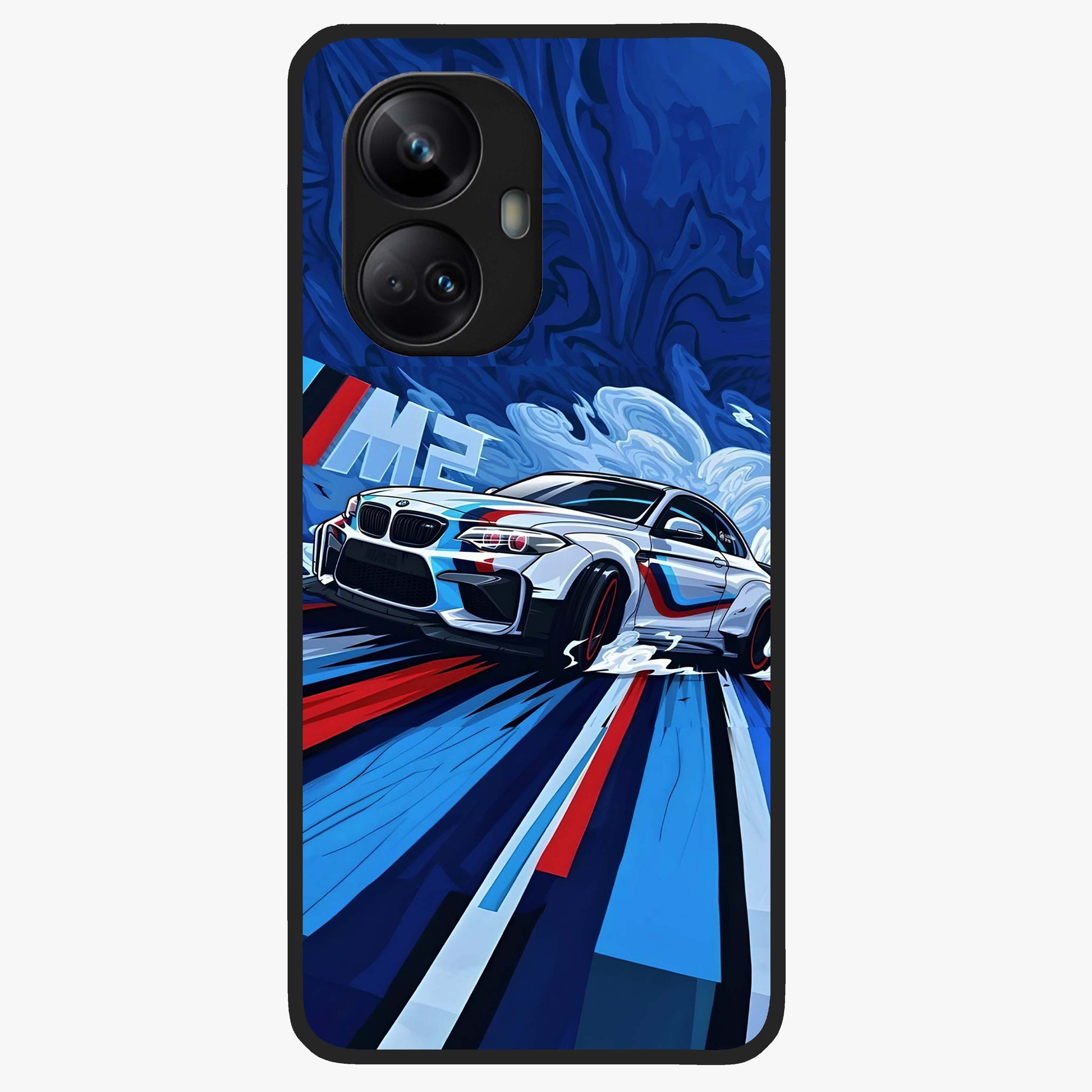 Drift Power Rush Glass Case showing flat back view with dynamic racing inspired artwork and glossy glass finish.