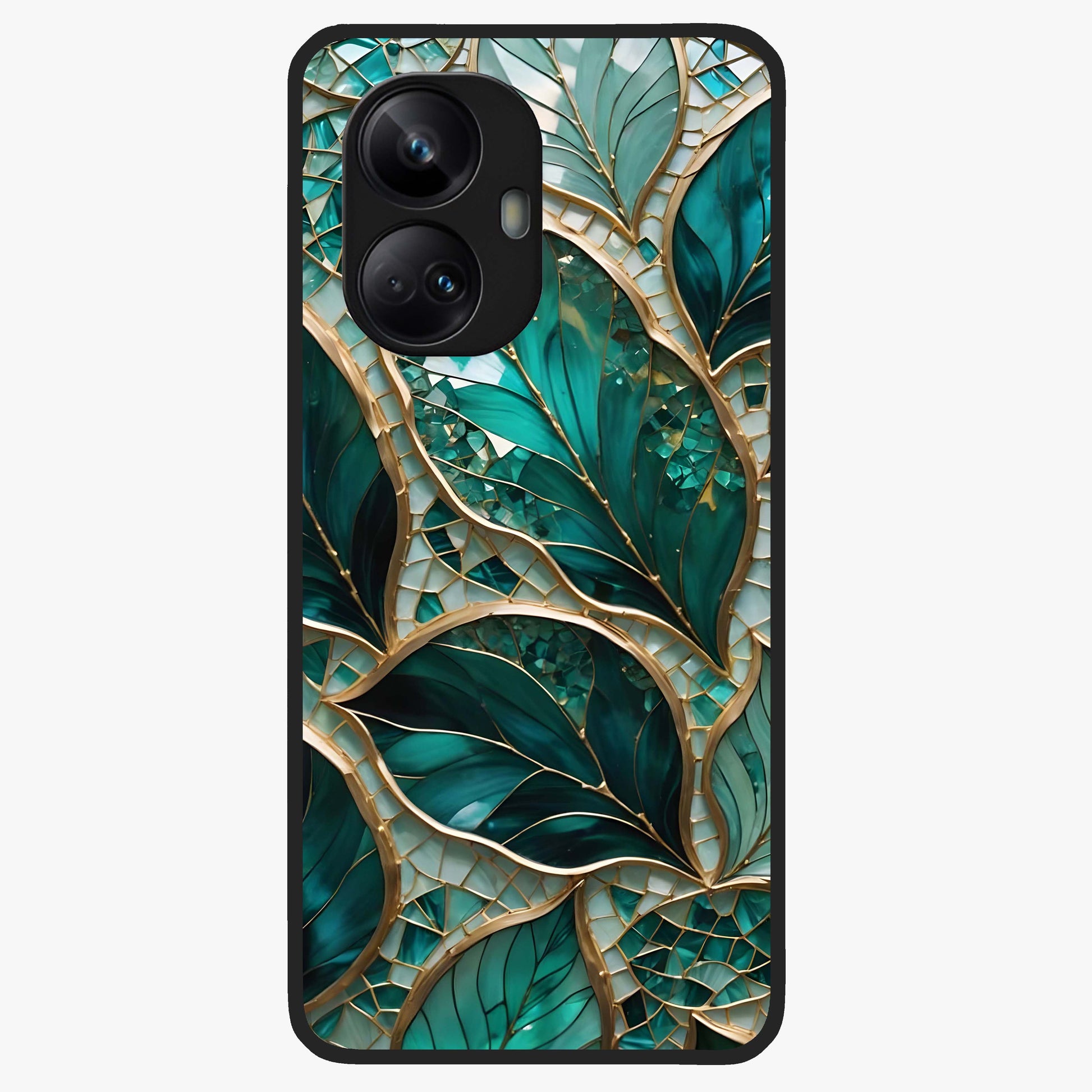 Emerald Leaf Glass Glass Case showing flat back view with emerald green leaf artwork and glossy glass finish.
