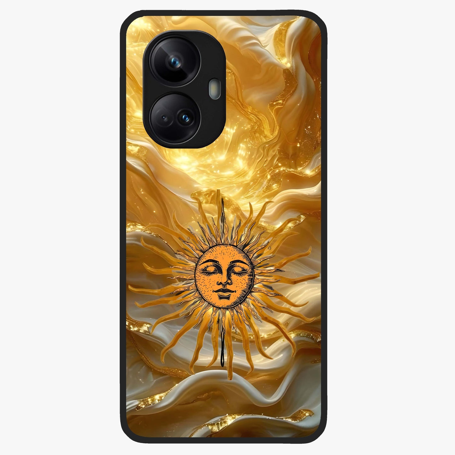 Eternal Golden Glow Glass Case showing flat back view with radiant golden themed artwork and glossy glass finish.