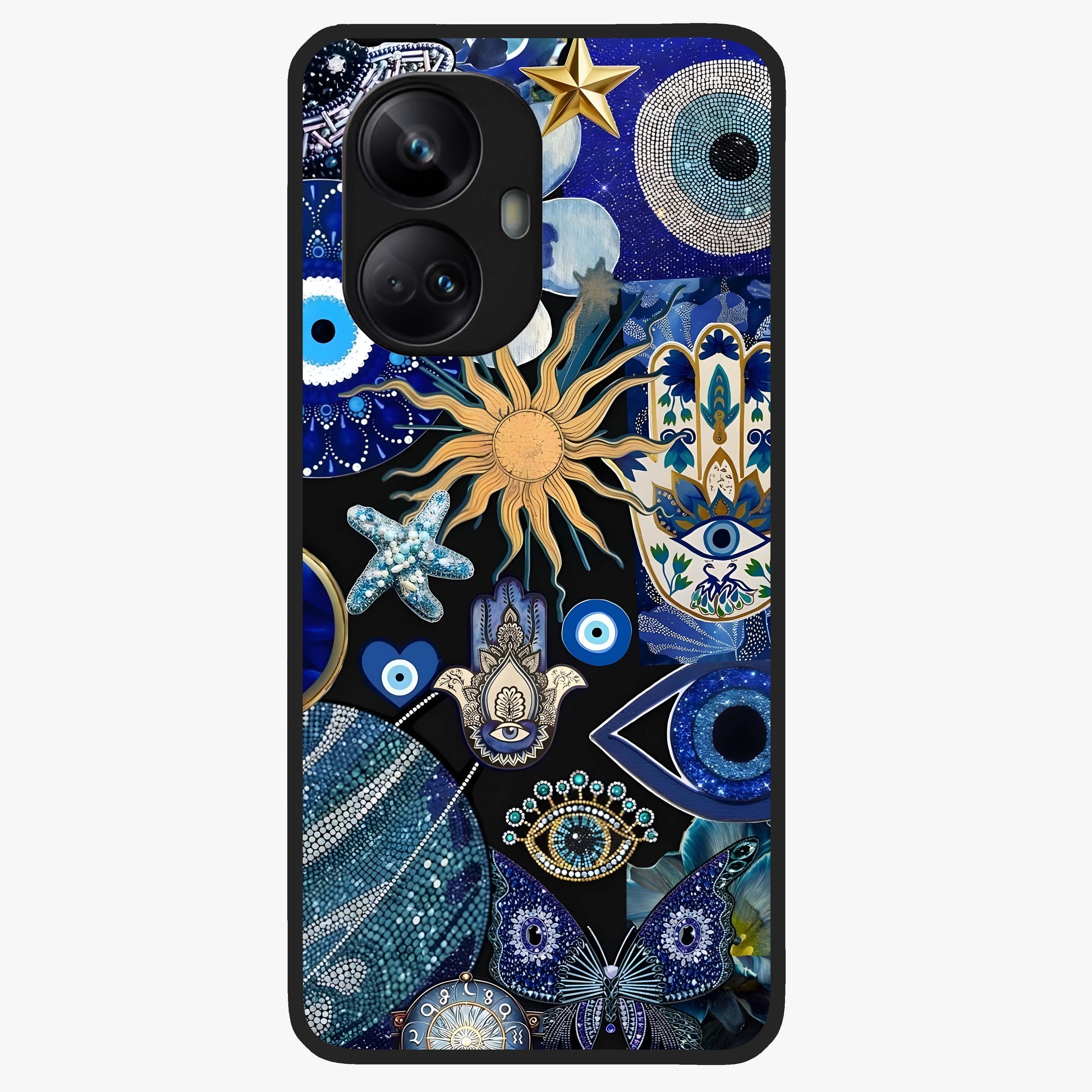 Evil Eye Charm Mix Glass Case showing flat back view with multiple evil eye charms artwork and glossy glass finish.