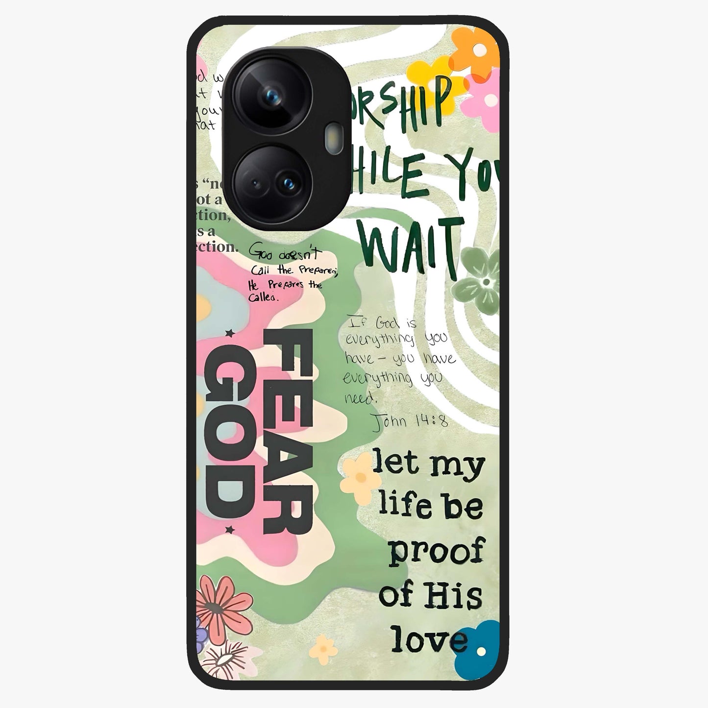 Faith Over Fear Glass Case showing flat back view with motivational typography artwork and glossy glass finish.