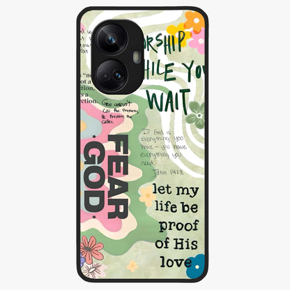 Faith Over Fear Glass Case showing flat back view with motivational typography artwork and glossy glass finish.
