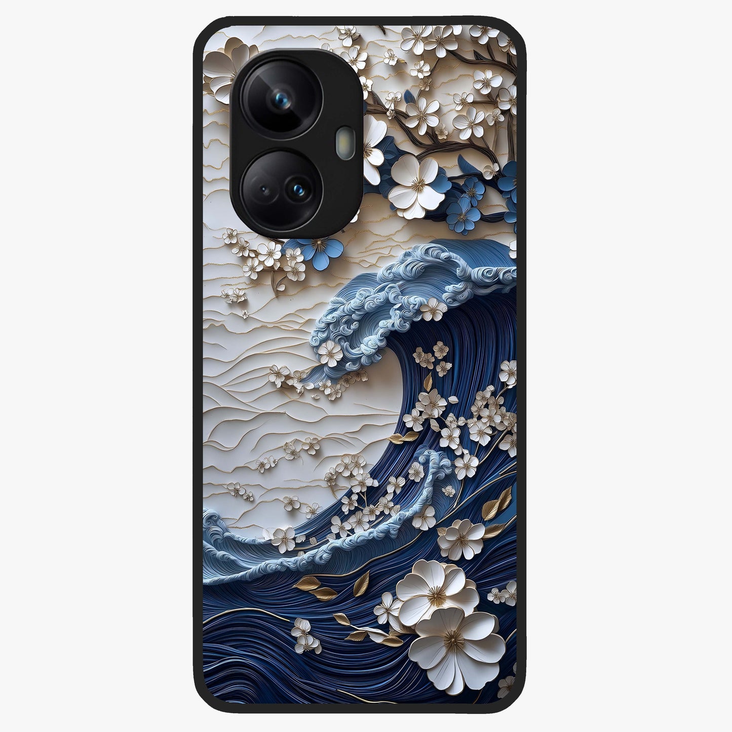 Floral Wave Origami Glass Case showing flat back view with origami inspired floral wave artwork and glossy glass finish.