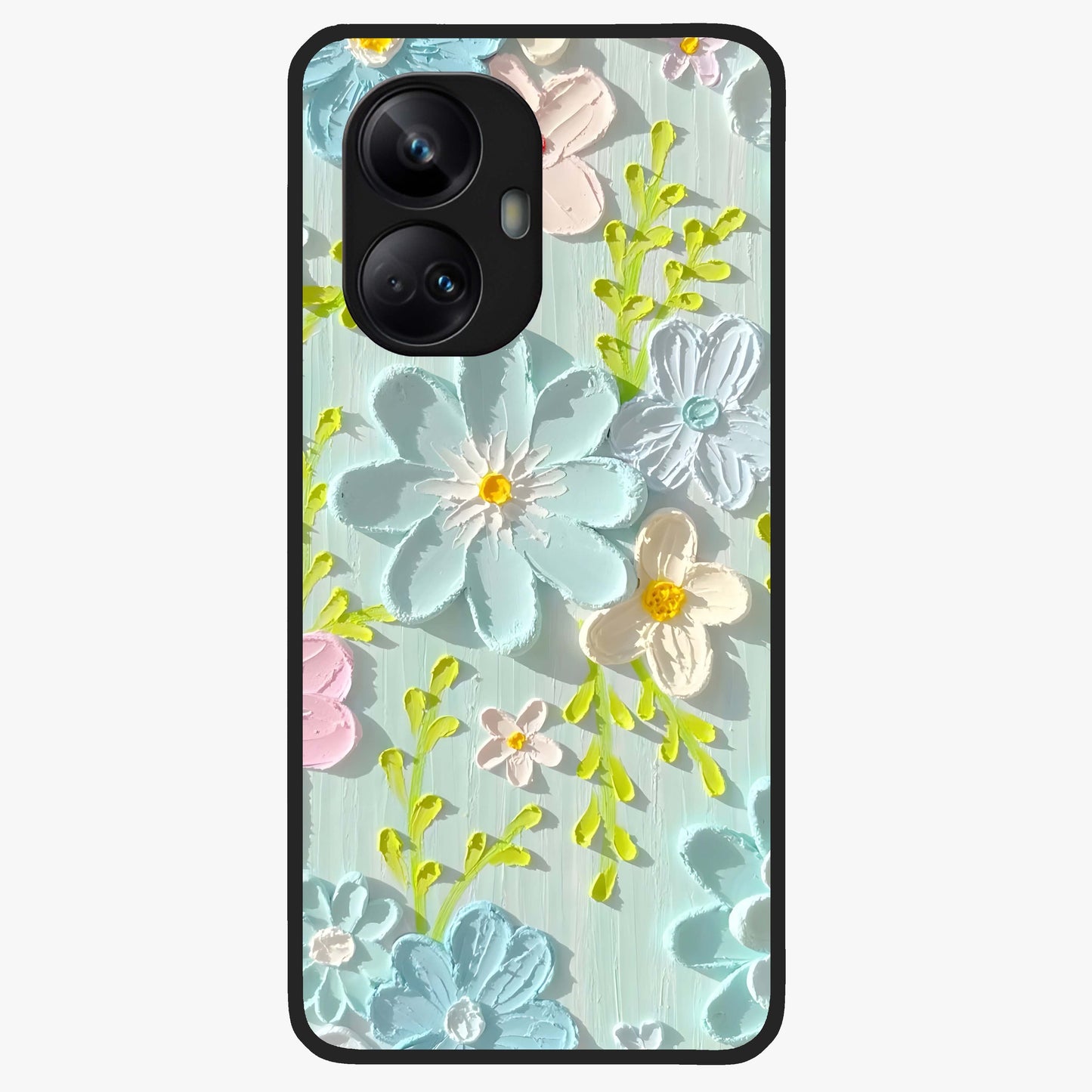 Frosted Petal Garden Glass Case showing flat back view with soft frosted floral artwork and glossy glass finish.