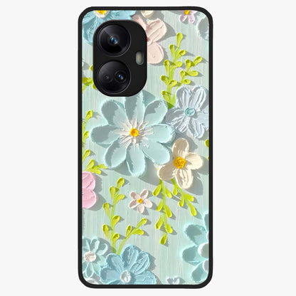 Frosted Petal Garden Glass Case showing flat back view with soft frosted floral artwork and glossy glass finish.