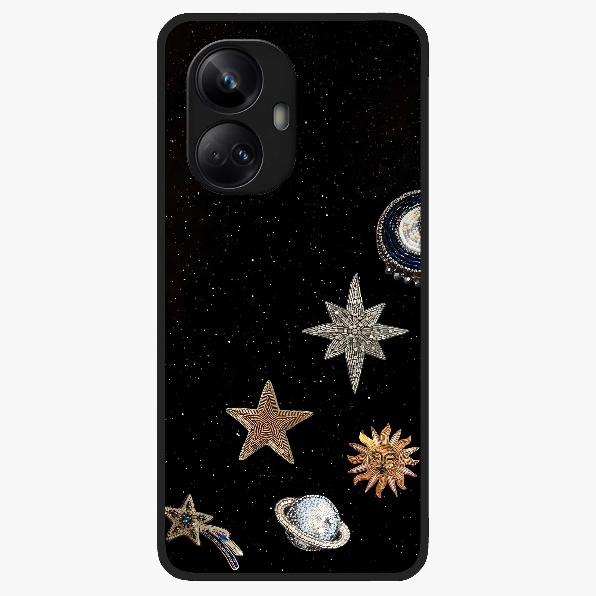 Galactic Charm Glow Glass Case showing flat back view with glowing celestial charm artwork and glossy glass finish.