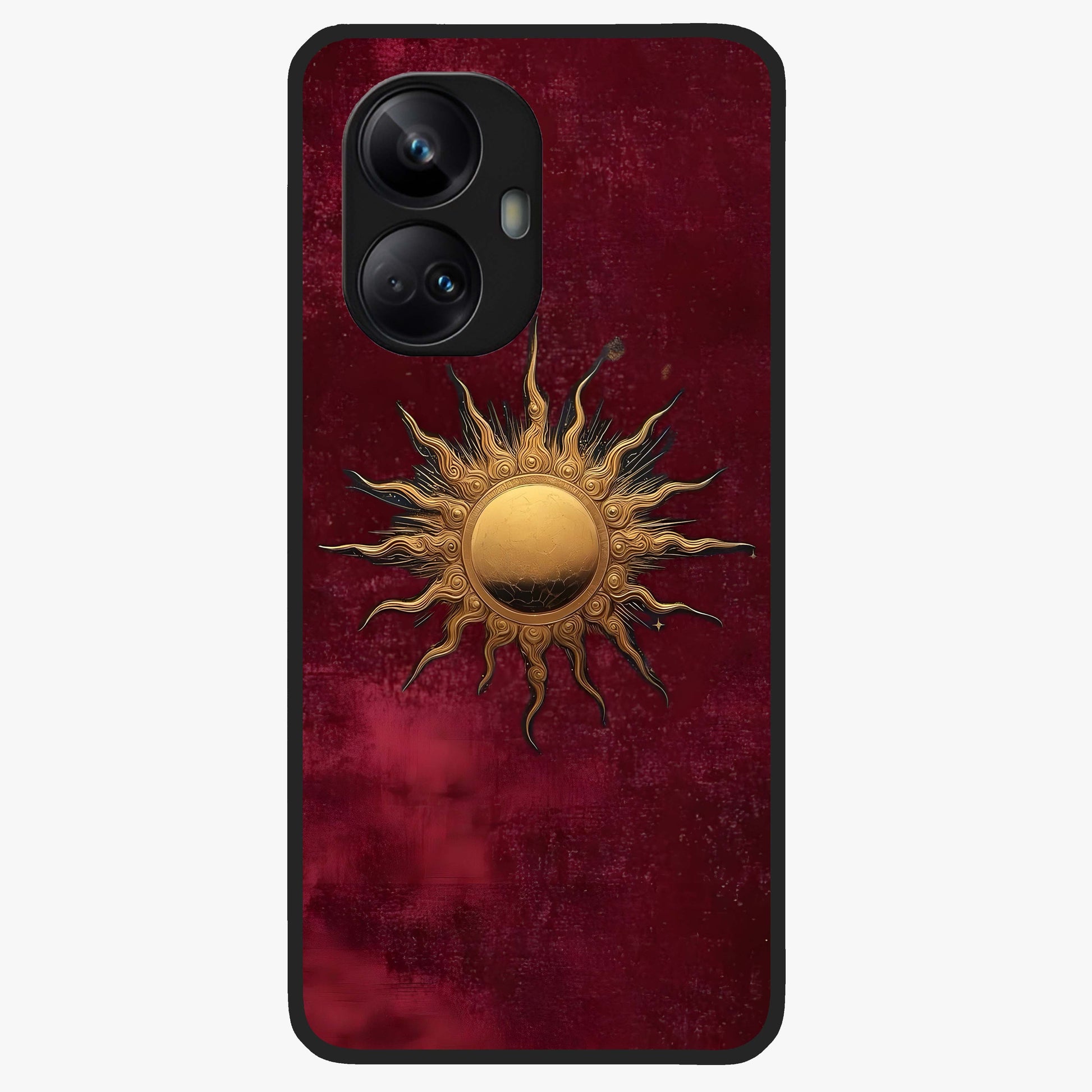 Gold Sun Blush Glass Case showing flat back view with golden sun inspired artwork and glossy glass finish.