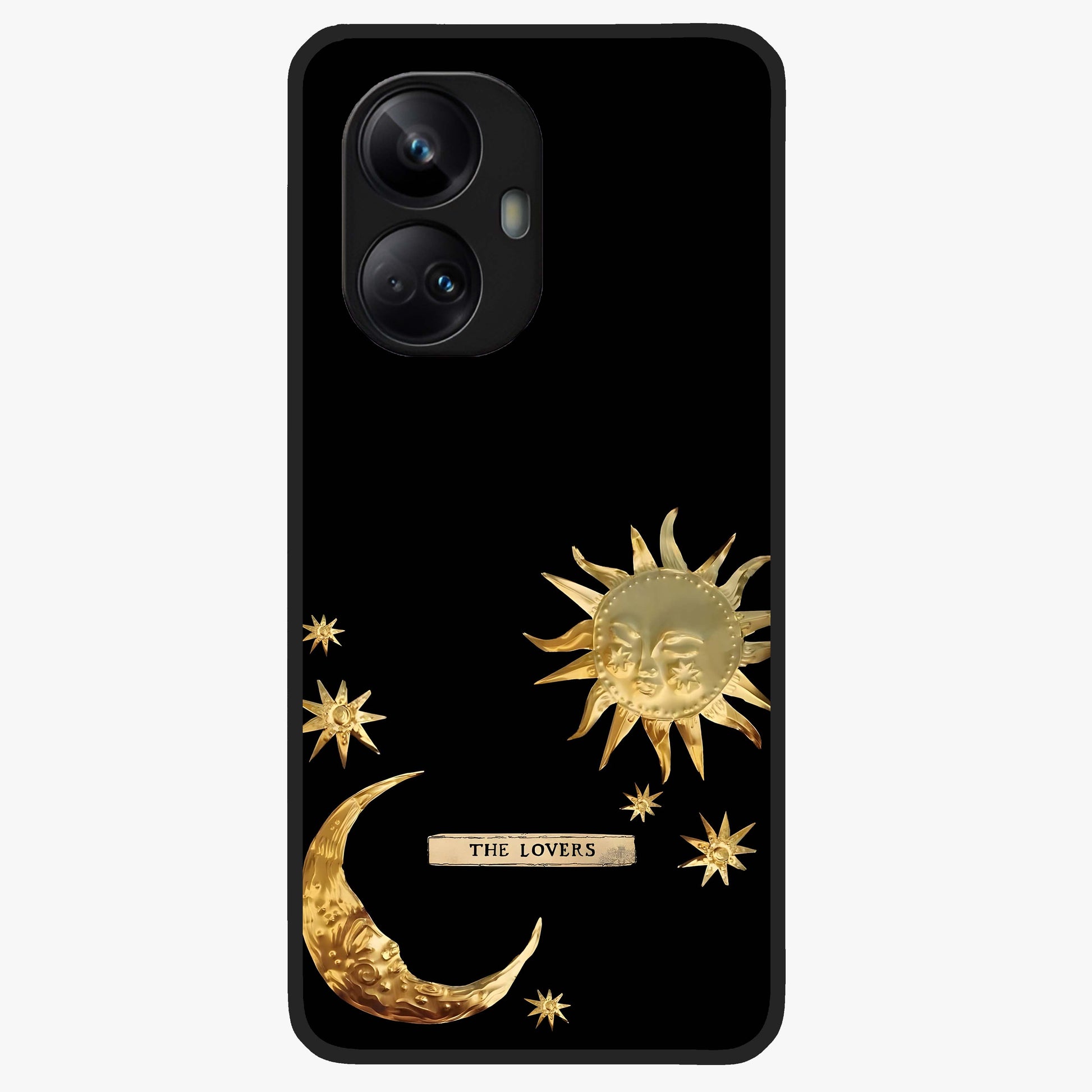 Golden Celestial Charm Glass Case showing flat back view with golden celestial charm artwork and glossy glass finish.