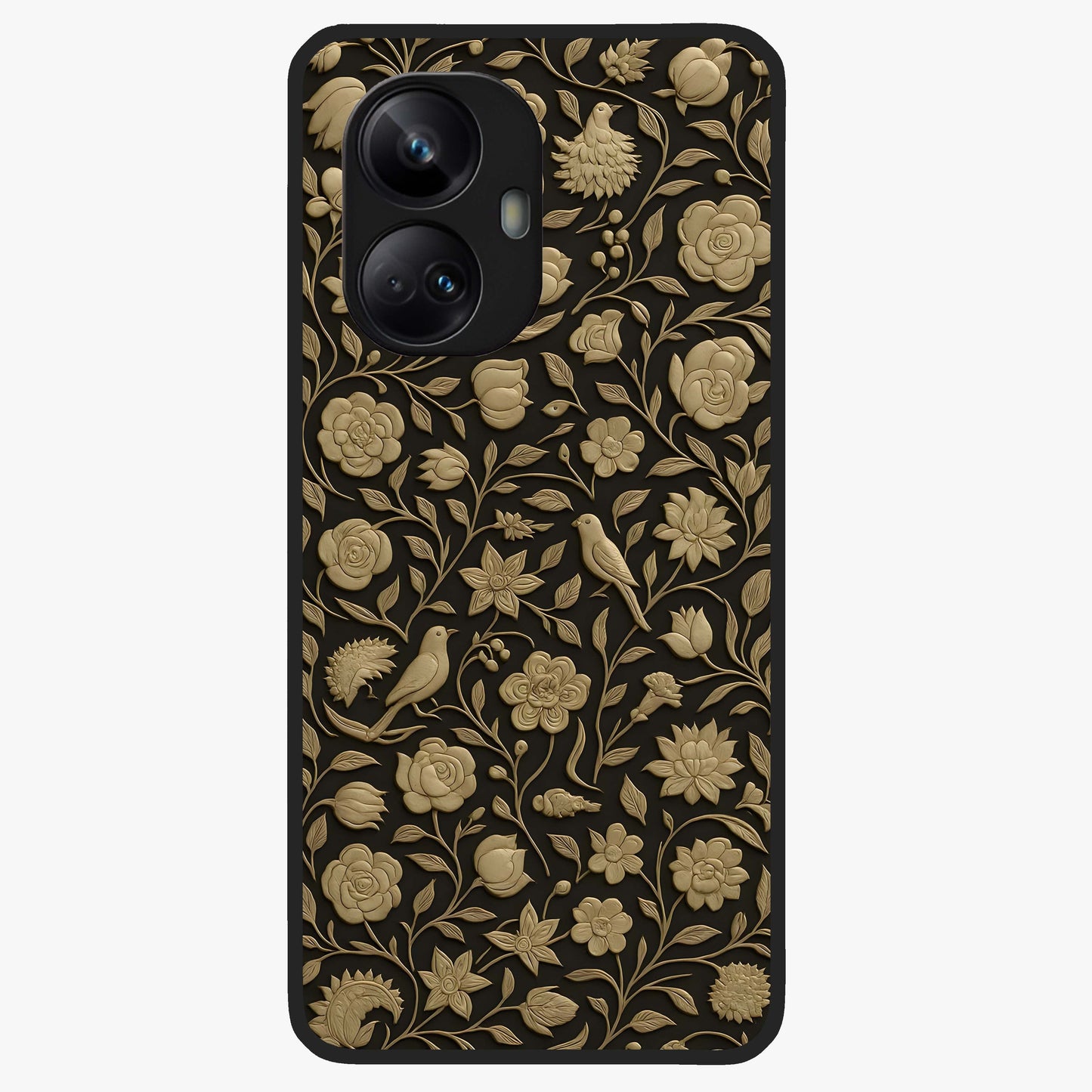Golden Floral Majesty Glass Case showing flat back view with luxurious golden floral artwork and glossy glass finish.