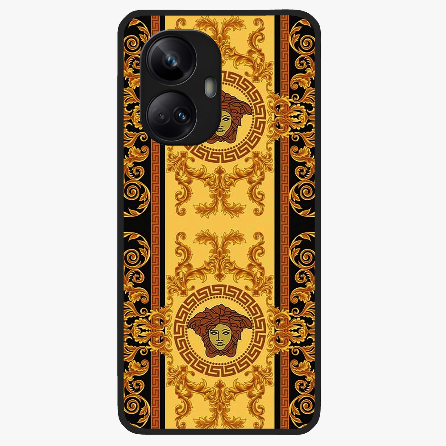 Golden Royal Heritage Glass Case showing flat back view with ornate royal pattern artwork and glossy glass finish.