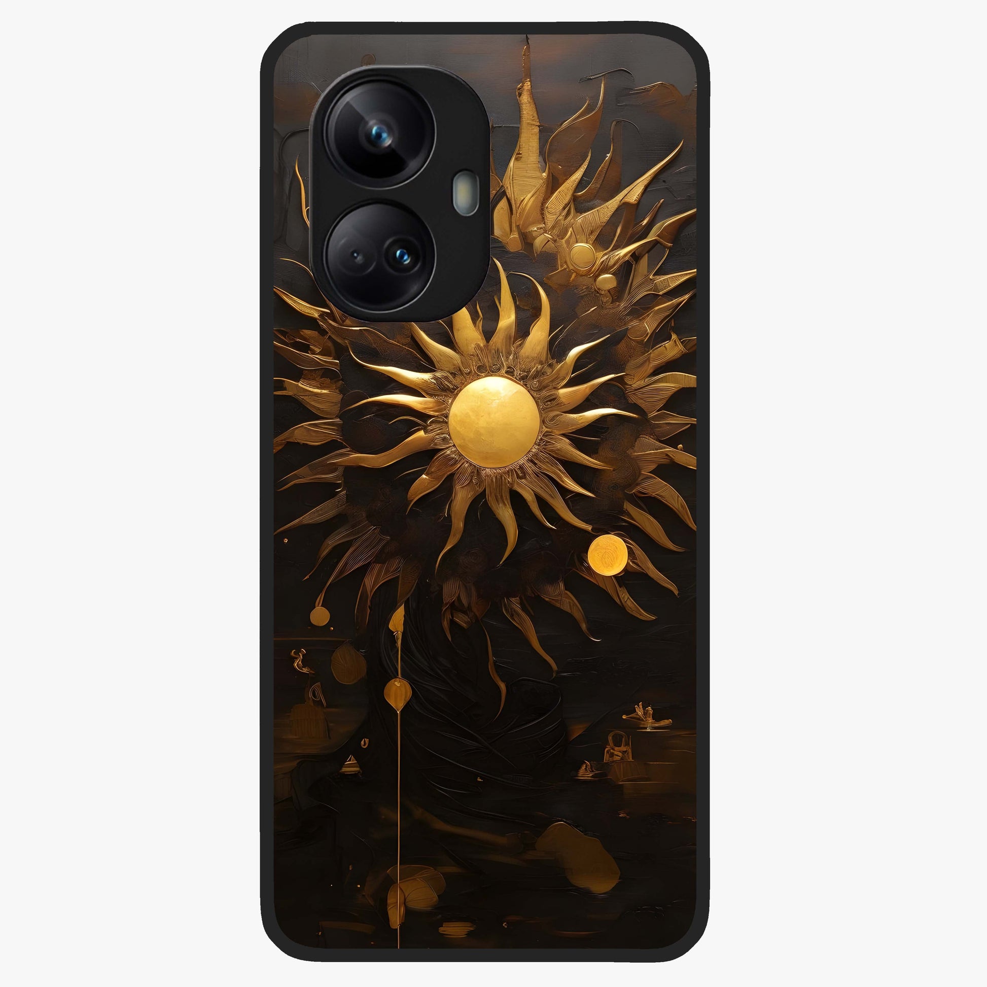 Golden Sun Majesty Glass Case showing flat back view with radiant golden sun artwork and glossy glass finish.
