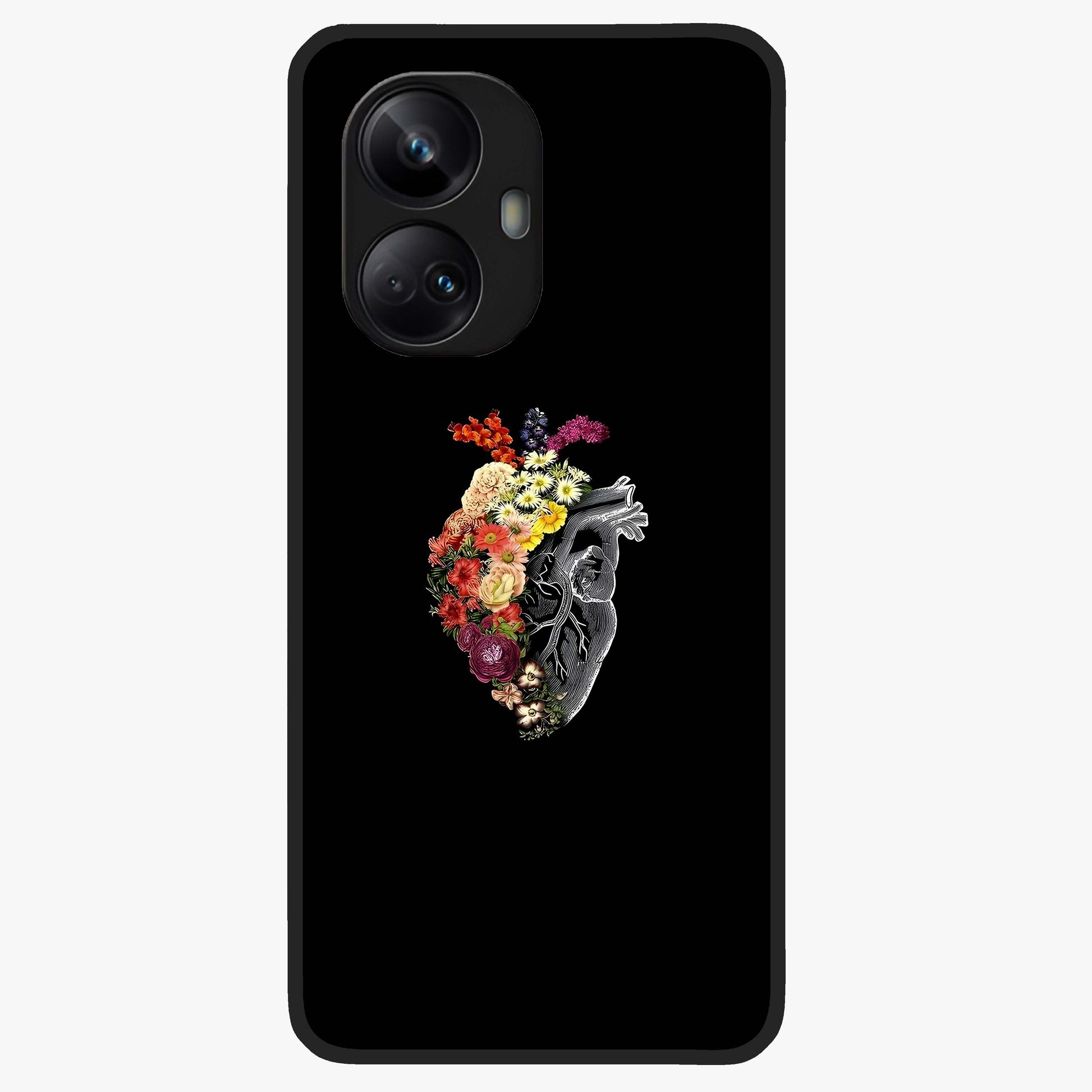 Heart With Flowers Glass Case showing flat back view with heart shaped floral artwork and glossy glass finish.