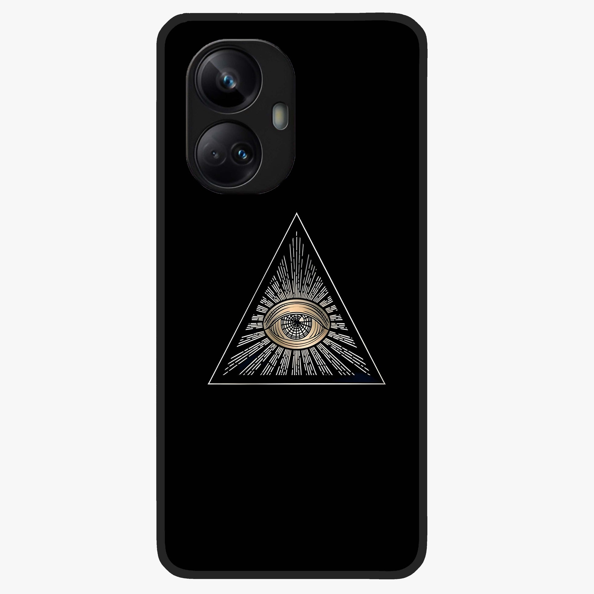 Illuminati Evil Glass Case showing flat back view with mysterious illuminati symbol artwork and glossy glass finish.