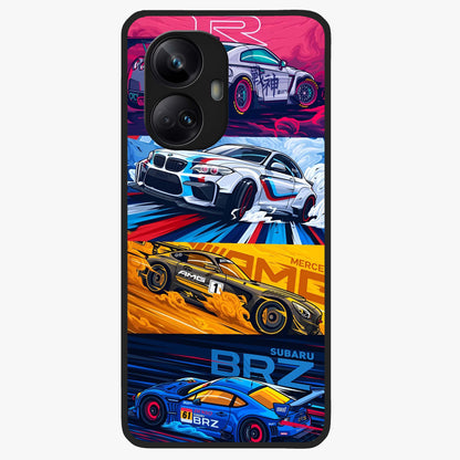 JDM Sports Car Glass Case showing flat back view with high performance sports car artwork and glossy glass finish.