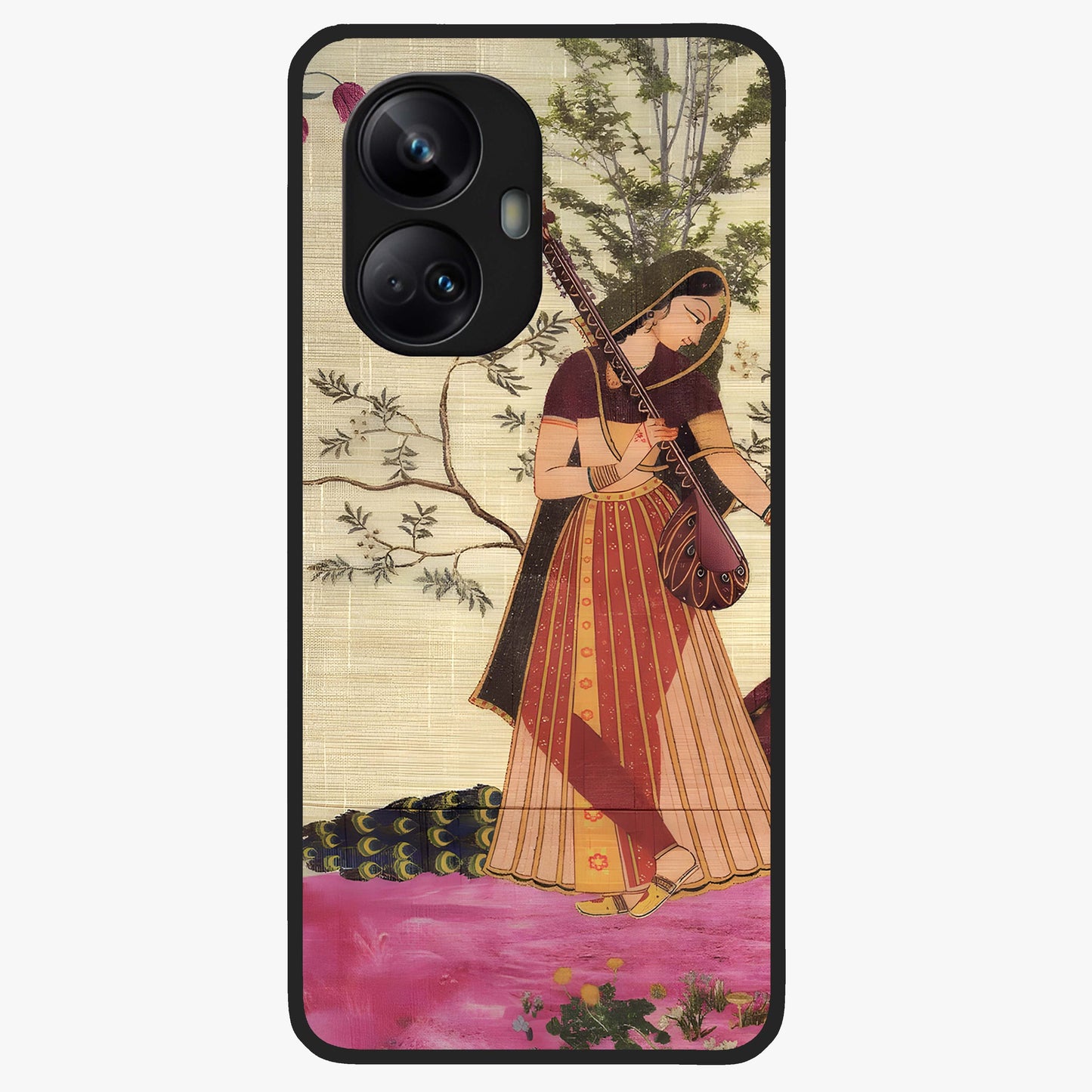 Lady With Veena Art Glass Case showing flat back view with elegant woman playing veena artwork and glossy glass finish.
