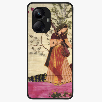 Lady With Veena Art Glass Case showing flat back view with elegant woman playing veena artwork and glossy glass finish.