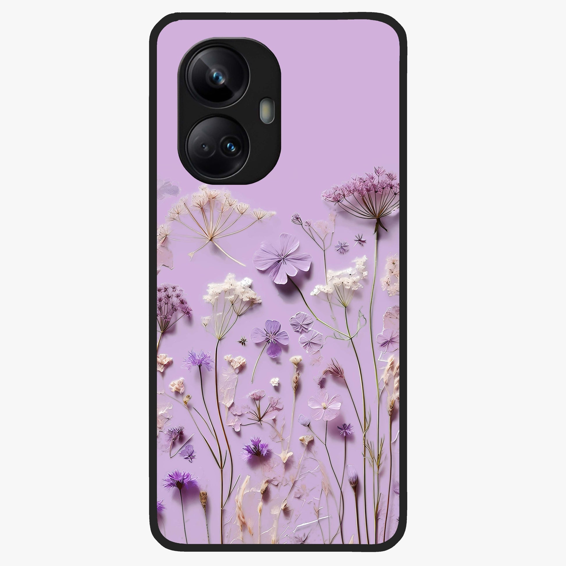Lavender Blossom Dream Glass Case showing flat back view with soft lavender floral artwork and glossy glass finish.