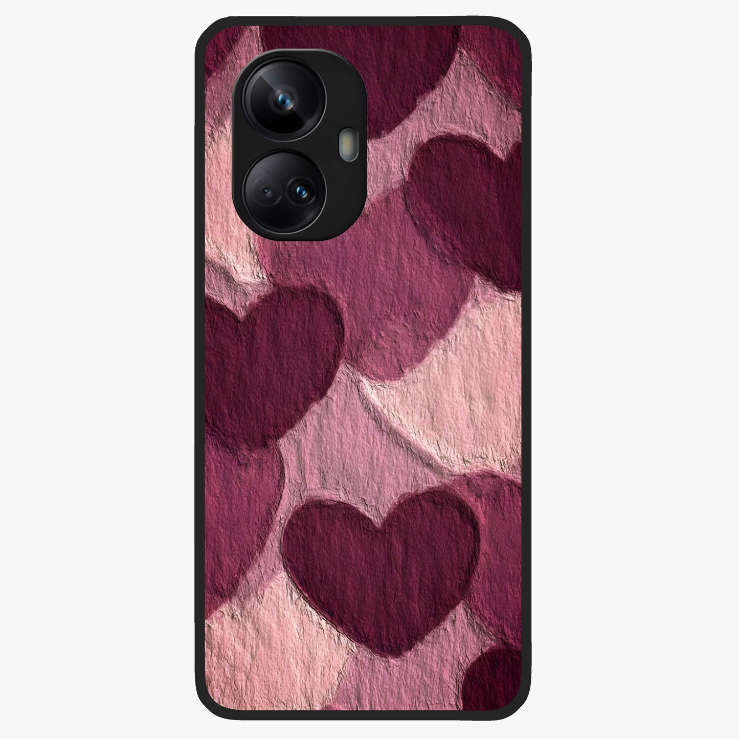 Layered Paper Hearts Glass Case showing flat back view with layered paper heart artwork and glossy glass finish.