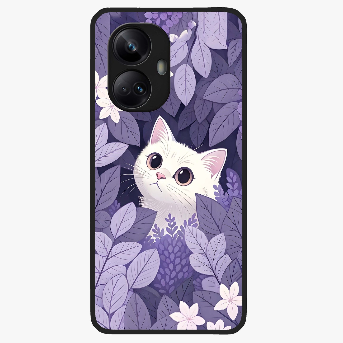 Lilac Hide Peek Cat Glass Case showing flat back view with cute peeking cat artwork and glossy glass finish.