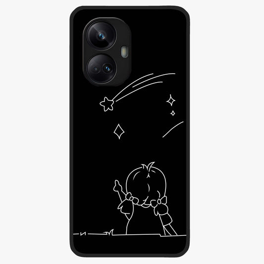 Line Art Girl With Shooting Stars Glass Case showing flat back view with minimal line art girl and shooting stars illustration and glossy glass finish.