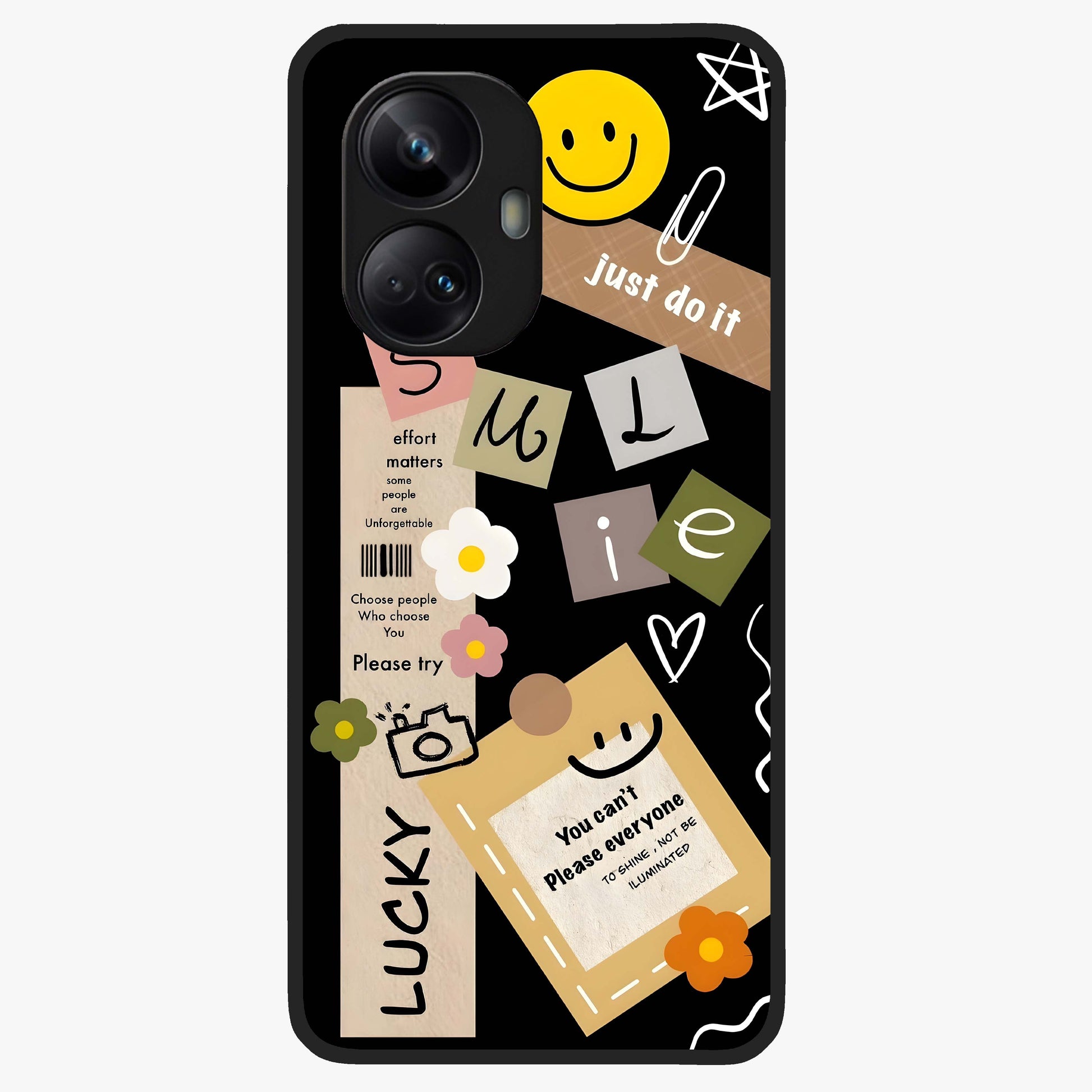 Lucky Aesthetic Collage Glass Case showing flat back view with trendy aesthetic collage artwork and glossy glass finish.