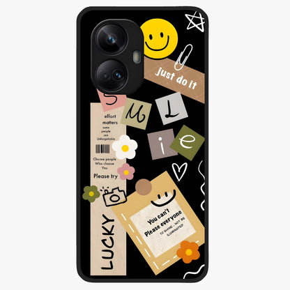 Lucky Aesthetic Collage Glass Case showing flat back view with trendy aesthetic collage artwork and glossy glass finish.