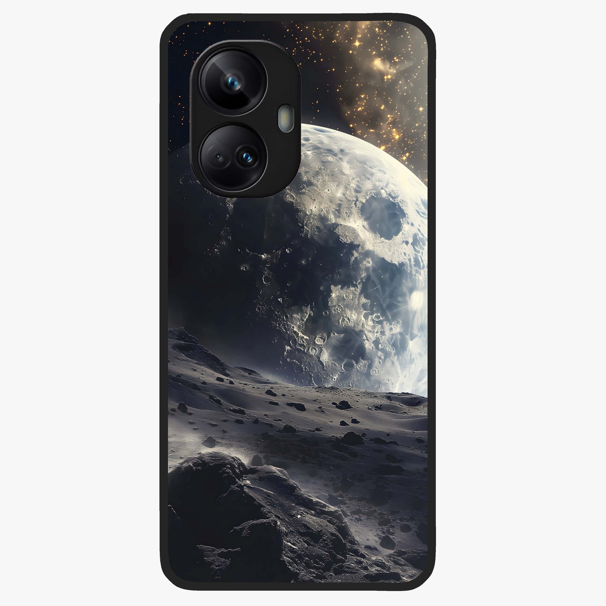 Lunar Horizon Glow Glass Case showing flat back view with glowing moon horizon artwork and glossy glass finish.