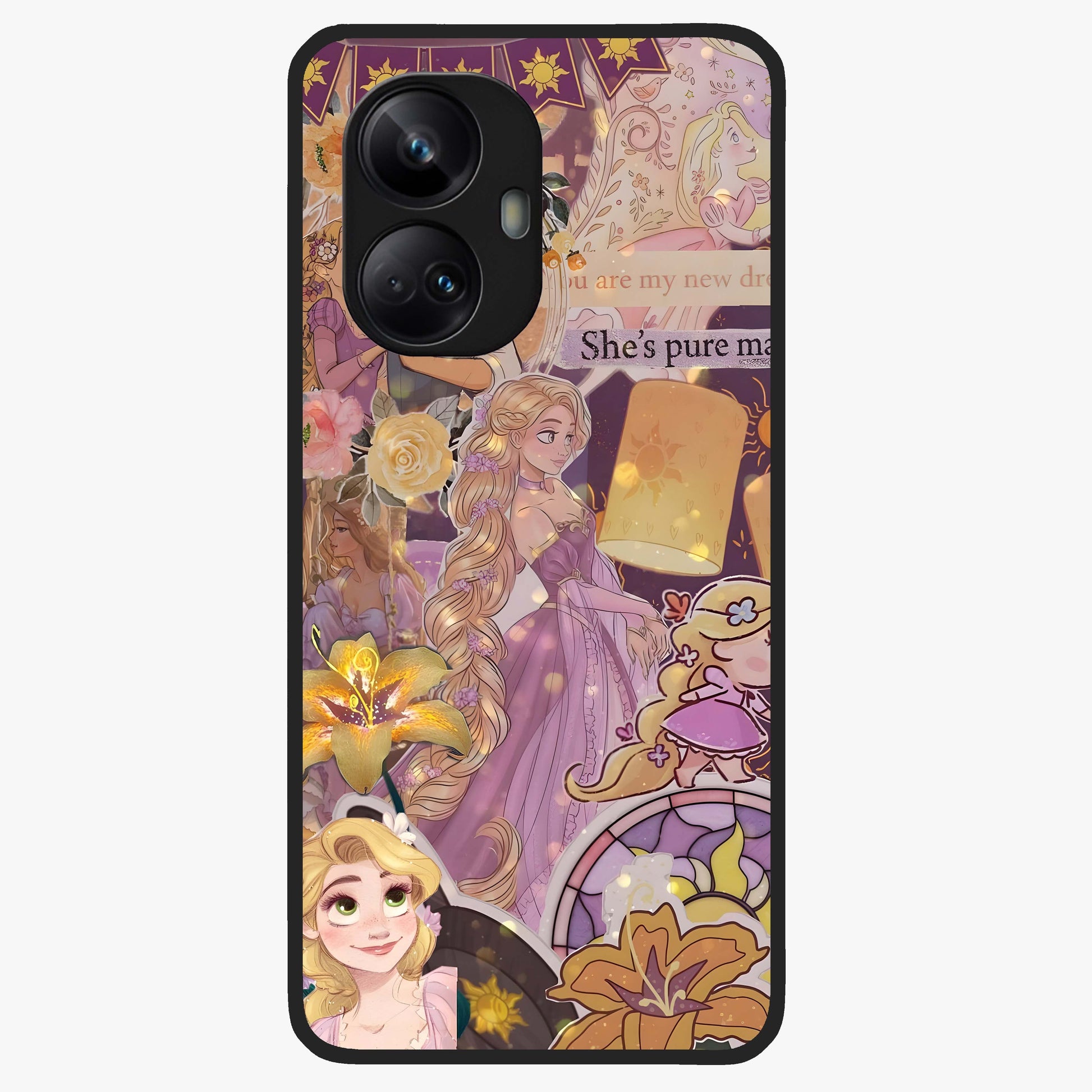 Magical Tangled Dream Glass Case showing flat back view with dreamy tangled artwork and glossy glass finish.