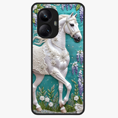Majestic Floral Stallion Glass Case showing flat back view with powerful horse and floral artwork and glossy glass finish.