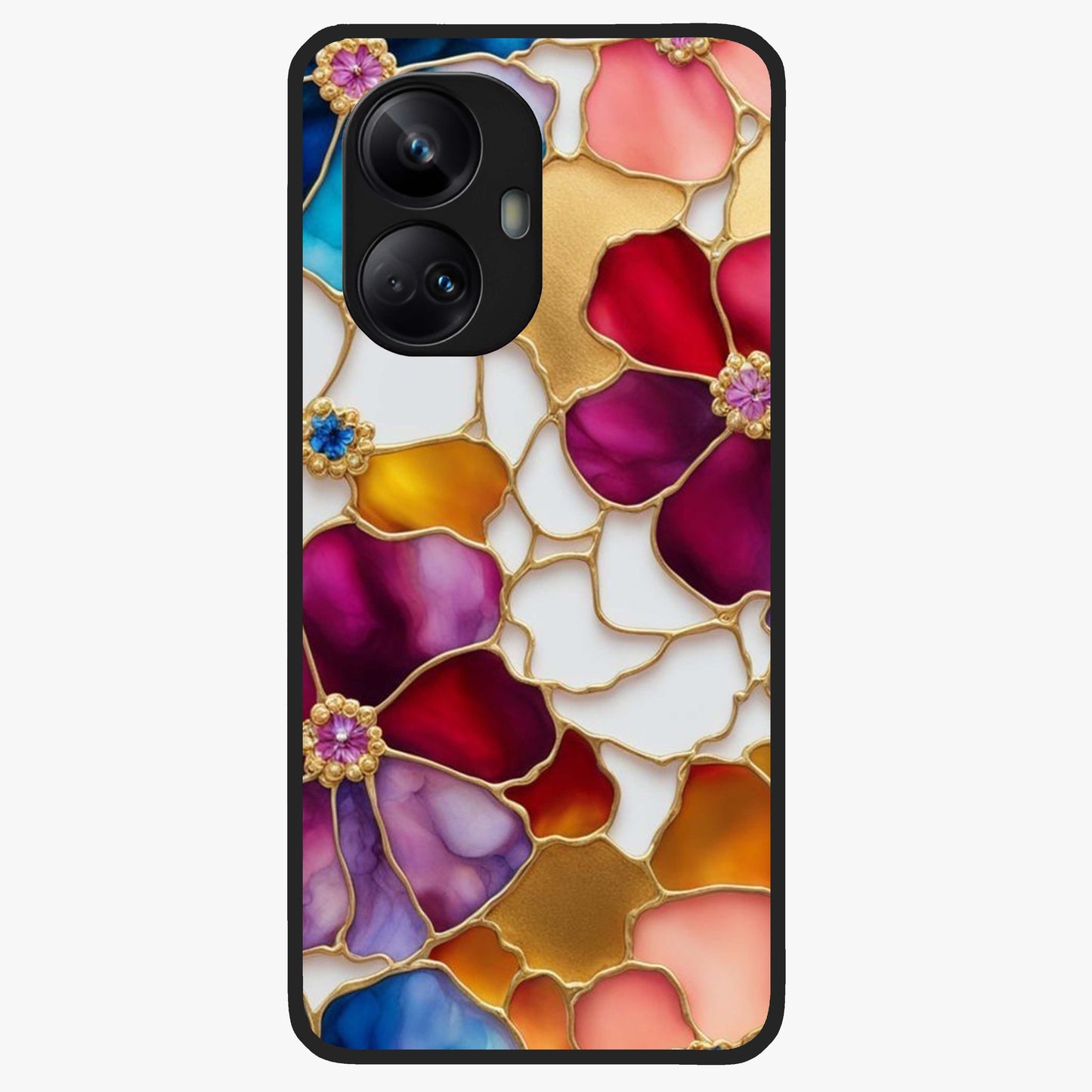 Marble Flower Pattern Glass Case showing flat back view with marble texture floral artwork and glossy glass finish.