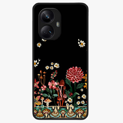 Midnight Bloom Pattern Glass Case showing flat back view with dark floral pattern artwork and glossy glass finish.