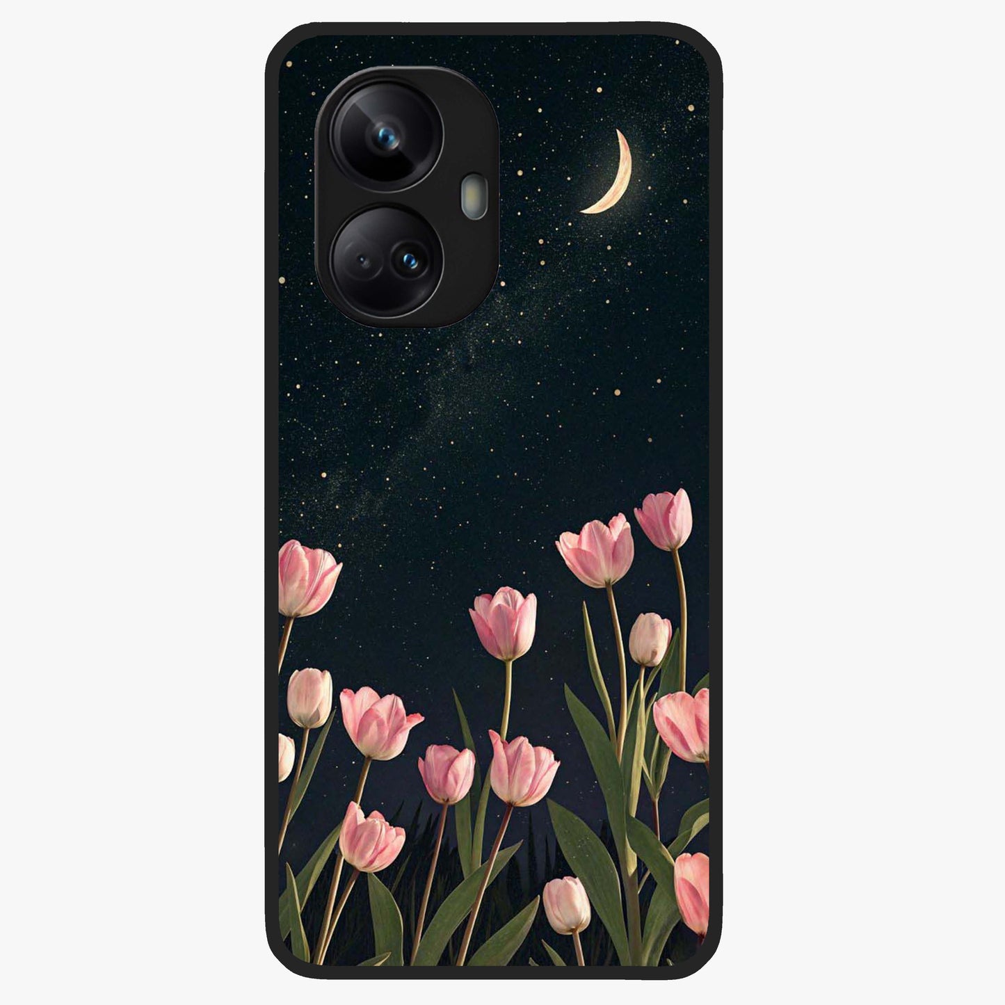 Midnight Tulip Whispers Vibe Glass Case showing flat back view with elegant tulip flower artwork and glossy glass finish.