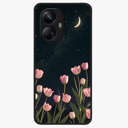 Midnight Tulip Whispers Vibe Glass Case showing flat back view with elegant tulip flower artwork and glossy glass finish.